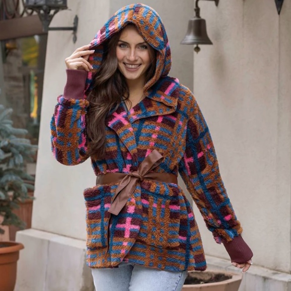 Fleece Jewel Plaid Wrap Jacket | Multi Fleece Plaid Wrap Jacket L/XL - Picture 11 of 12